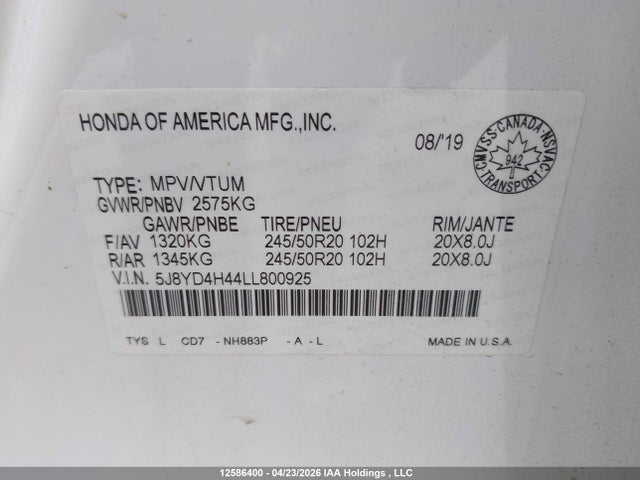 5J8YD4H44LL800925 Acura MDX