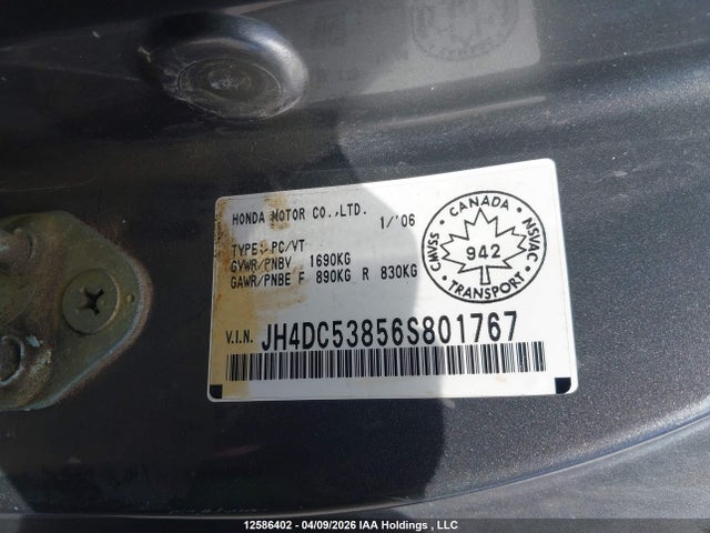 Aukcja sprzedaży 2006 Acura Rsx, vin: JH4DC53856S801767, numer aukcji: 12586402