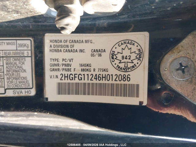 2006 Honda Civic Dx მანქანა იყიდება აუქციონზე, vin: 2HGFG11246H012086, აუქციონის ნომერი: 12586405