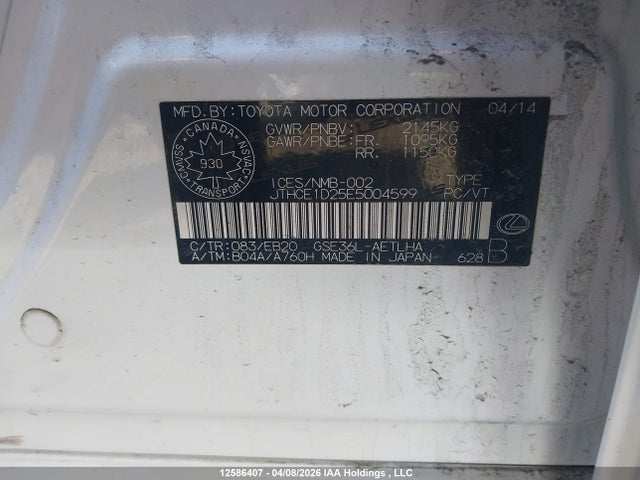 12586407 :رقم المزاد ، JTHCE1D25E5004599 vin ، 2014 Lexus Is 350 مزاد بيع