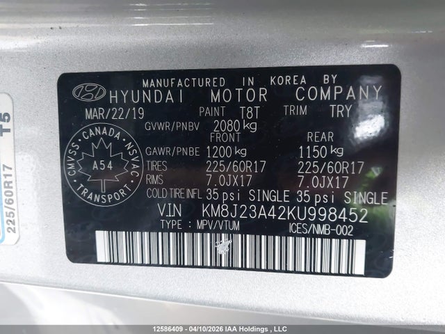 Продаж на аукціоні авто 2019 Hyundai Tucson Essential, vin: KM8J23A42KU998452, номер лоту: 12586409