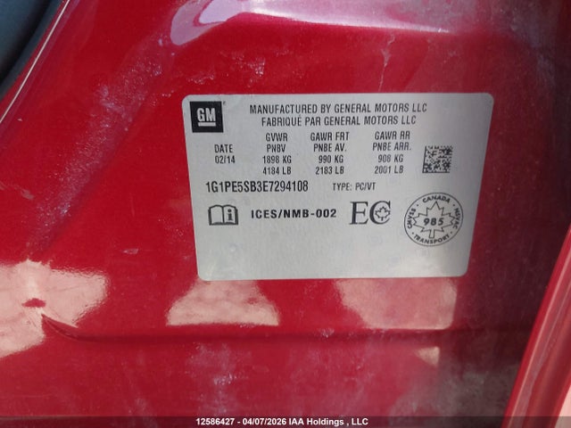 1G1PE5SB3E7294108 Chevrolet CRUZE LT
