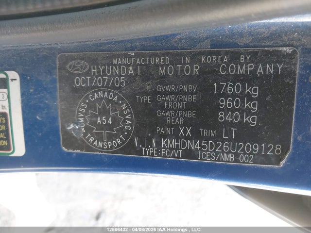 12586432 :رقم المزاد ، KMHDN45D26U209128 vin ، 2006 Hyundai Elantra Se/ve مزاد بيع