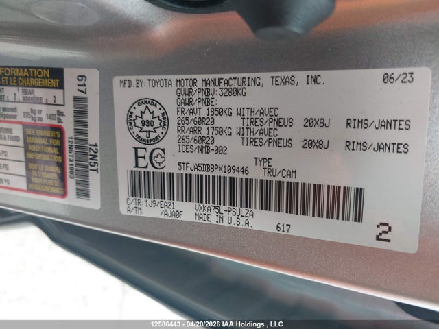 Продажа на аукционе авто 2023 Toyota Tundra Crewmax Limited, vin: 5TFJA5DB8PX109446, номер лота: 12586443