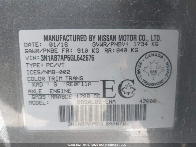 12586452 :رقم المزاد ، 3N1AB7AP6GL642676 vin ، 2016 Nissan Sentra S/sv/sr/sl مزاد بيع