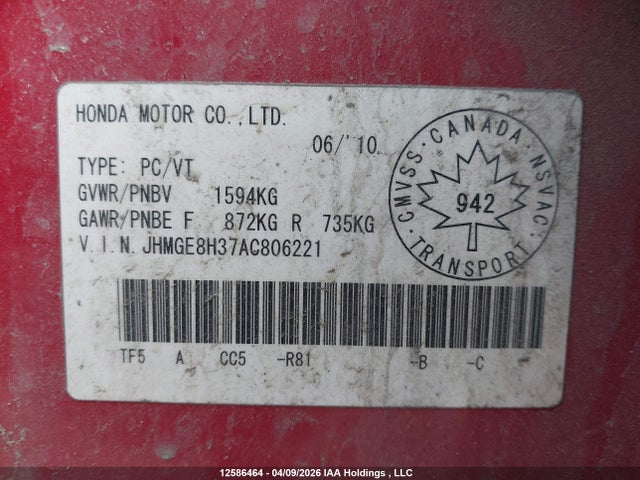 Aukcja sprzedaży 2010 Honda Fit Dx-a, vin: JHMGE8H37AC806221, numer aukcji: 12586464