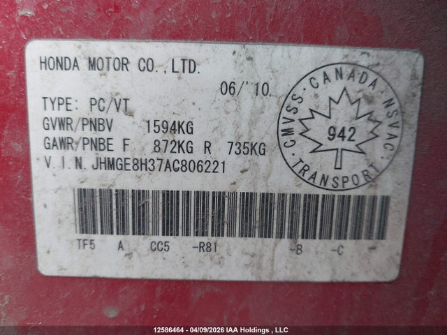 Aukcja sprzedaży 2010 Honda Fit Dx-a, vin: JHMGE8H37AC806221, numer aukcji: 12586464