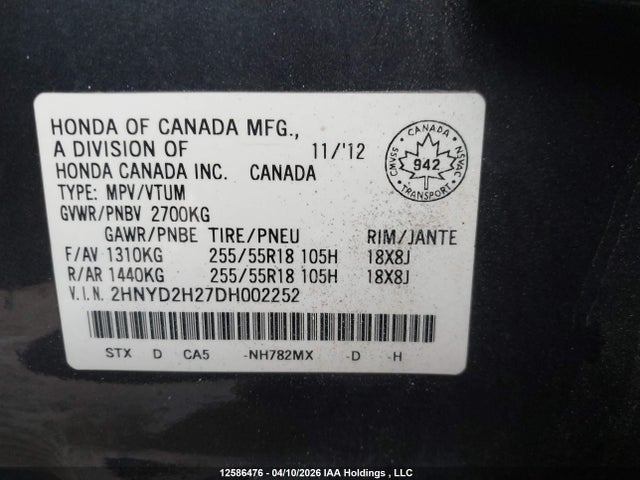 Продаж на аукціоні авто 2013 Acura Mdx, vin: 2HNYD2H27DH002252, номер лоту: 12586476