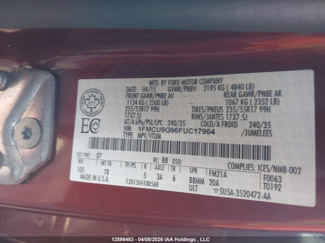 Продажа на аукционе авто 2015 Ford Escape Se, vin: 1FMCU9G96FUC17964, номер лота: 12586483