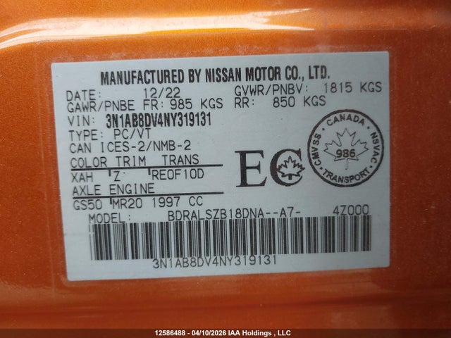 2022 Nissan Sentra Sr მანქანა იყიდება აუქციონზე, vin: 3N1AB8DV4NY319131, აუქციონის ნომერი: 12586488