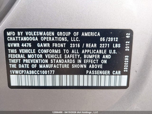 Aukcja sprzedaży 2012 Volkswagen Passat Sel, vin: 1VWCP7A38CC100177, numer aukcji: 12586498