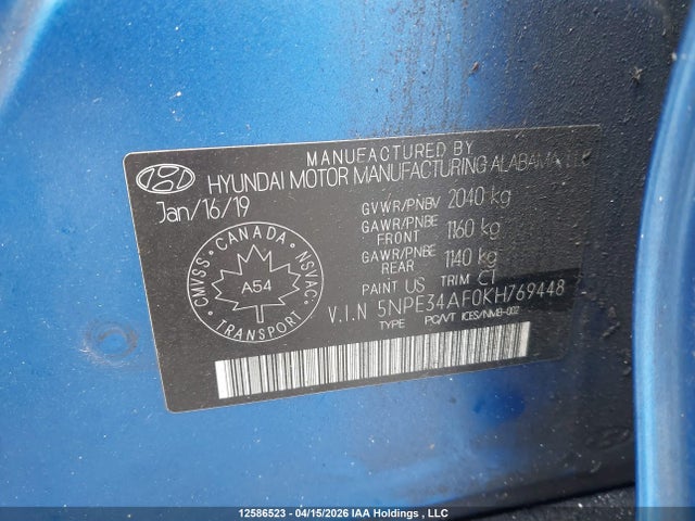 Продаж на аукціоні авто 2019 Hyundai Sonata Limited/sel/sport, vin: 5NPE34AF0KH769448, номер лоту: 12586523