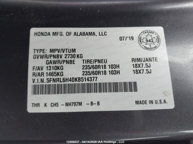 5FNRL6H40KB514377 Honda ODYSSEY EX