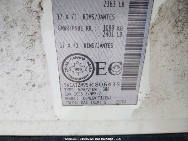 Продаж на аукціоні авто 2017 Nissan Rogue Sv/sl, vin: 5N1AT2MV5HC806435, номер лоту: 12586549