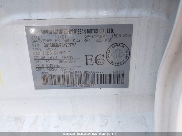 Aukcja sprzedaży 2022 Nissan Sentra S/s Plus, vin: 3N1AB8BV9NY209744, numer aukcji: 12586553