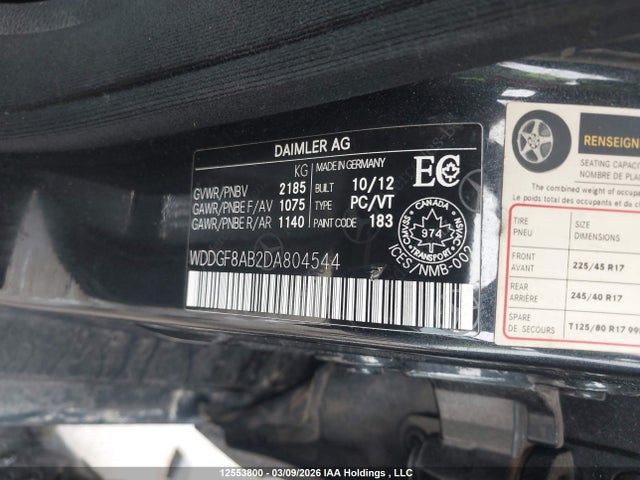 12553800 :رقم المزاد ، WDDGF8AB2DA804544 vin ، 2013 Mercedes-benz C 300 4matic مزاد بيع