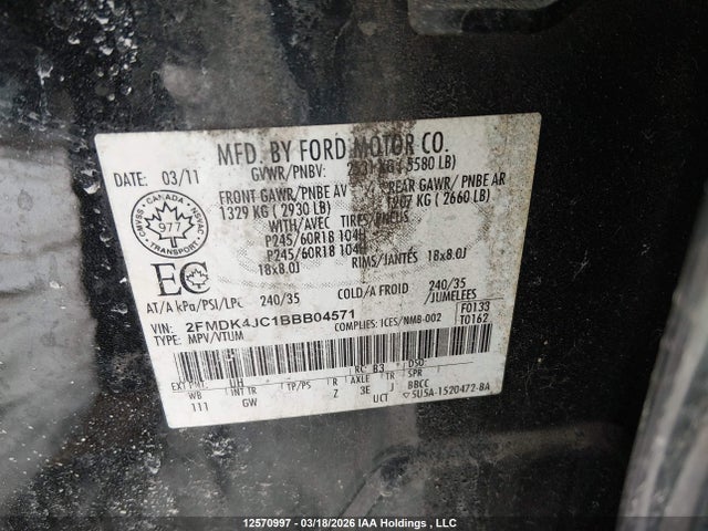 12570997 :رقم المزاد ، 2FMDK4JC1BBB04571 vin ، 2011 Ford Edge Sel مزاد بيع