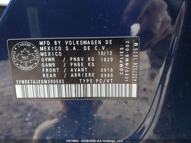12574692 :رقم المزاد ، 3VWBK7AJXDM390592 vin ، 2013 Volkswagen Jetta 2.0l Comfortline مزاد بيع