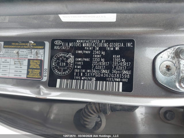 5XYPGDA36JG381598 KIA Sorento 2.4l Lx