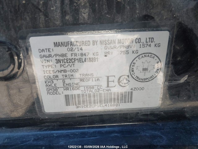 2014 Nissan Versa Note 1.6 S/1.6 Sl/1.6 Sv მანქანა იყიდება აუქციონზე, vin: 3N1CE2CP1EL418891, აუქციონის ნომერი: 12522138