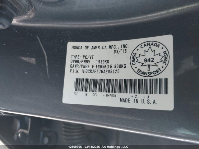 1HGCR2F57GA806120 Honda Accord Sport
