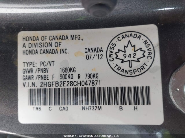 2012 Honda Civic Dx მანქანა იყიდება აუქციონზე, vin: 2HGFB2E28CH047871, აუქციონის ნომერი: 12581417