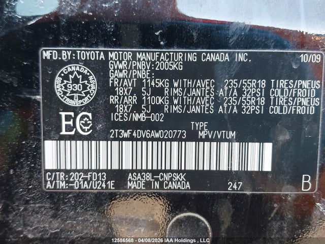 2010 Toyota Rav4 Sport მანქანა იყიდება აუქციონზე, vin: 2T3WF4DV6AW020773, აუქციონის ნომერი: 12586568