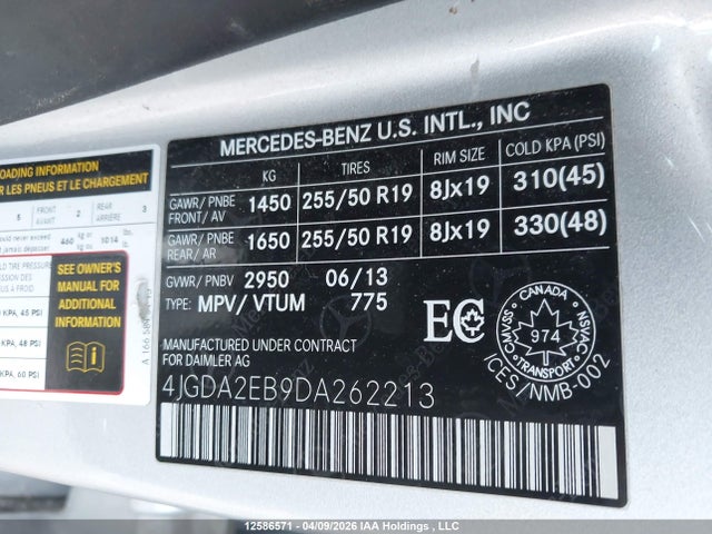 Aukcja sprzedaży 2013 Mercedes-benz Ml 350 Bluetec 4matic, vin: 4JGDA2EB9DA262213, numer aukcji: 12586571