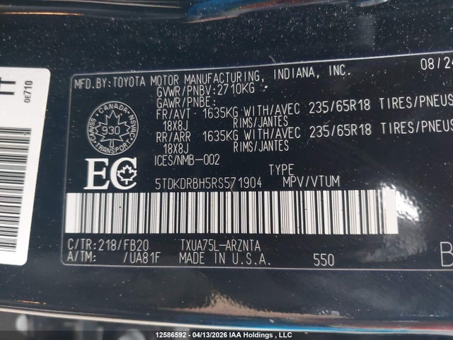 5TDKDRBH5RS571904 Toyota Highlander Le/xle/xse/limited/platinum