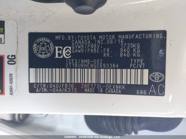 12586593 :رقم المزاد ، 2T1BURHE8GC693384 vin ، 2016 Toyota Corolla L/le/le Pls/prm/s/s Pls مزاد بيع