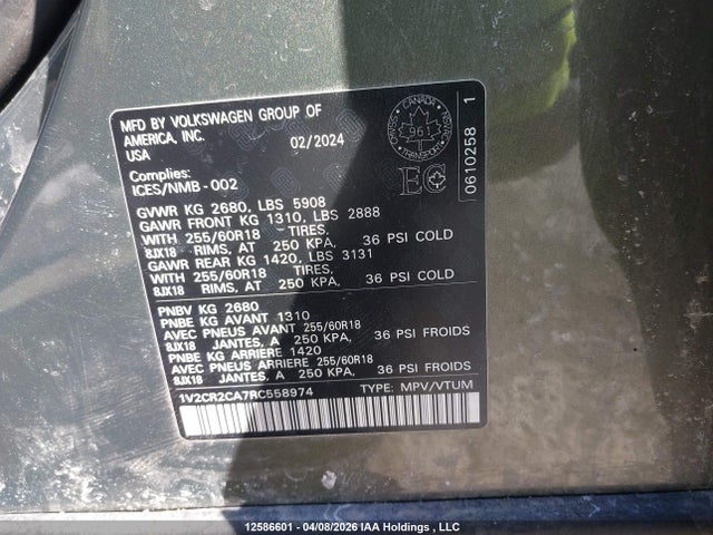 Aukcja sprzedaży 2024 Volkswagen Atlas, vin: 1V2CR2CA7RC558974, numer aukcji: 12586601