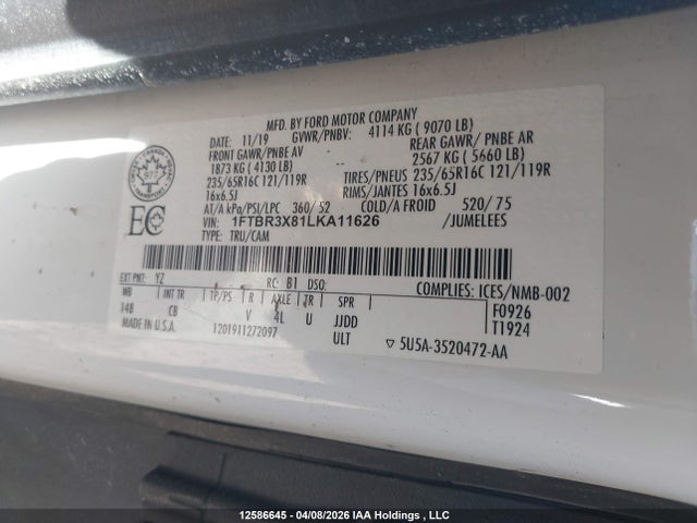 Продажа на аукционе авто 2020 Ford Transit-250 Cargo, vin: 1FTBR3X81LKA11626, номер лота: 12586645