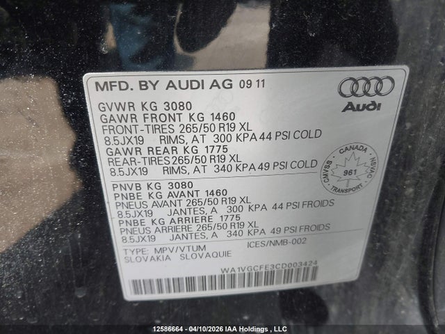 Aukcja sprzedaży 2012 Audi Q7 Prestige, vin: WA1VGCFE3CD003424, numer aukcji: 12586664