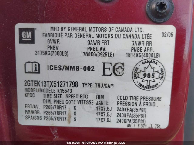 Aukcja sprzedaży 2005 Gmc Sierra 1500 Sle/slt, vin: 2GTEK13TX51271798, numer aukcji: 12586698