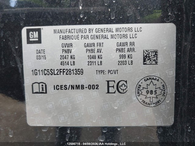 2015 Chevrolet Malibu 1lt მანქანა იყიდება აუქციონზე, vin: 1G11C5SL2FF281359, აუქციონის ნომერი: 12586715