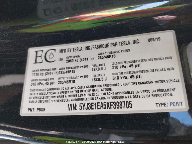 Продажа на аукционе авто 2019 Tesla Model 3, vin: 5YJ3E1EA5KF398705, номер лота: 12586717