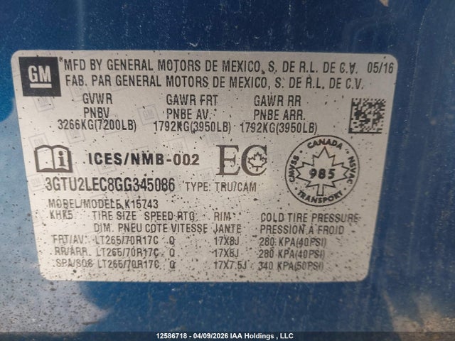 Aukcja sprzedaży 2016 Gmc Sierra 1500, vin: 3GTU2LEC8GG345086, numer aukcji: 12586718