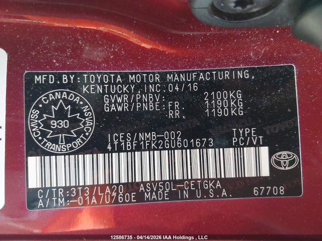 12586735 :رقم المزاد ، 4T1BF1FK2GU601673 vin ، 2016 Toyota Camry Xle مزاد بيع