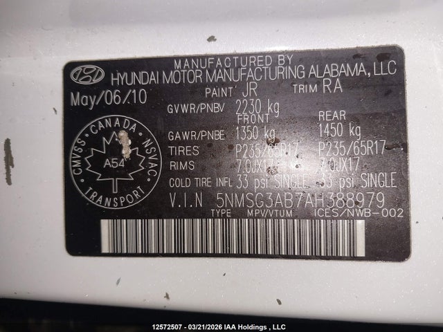 Продажа на аукционе авто 2010 Hyundai Santa Fe Gl 2.4, vin: 5NMSG3AB7AH388979, номер лота: 12572507