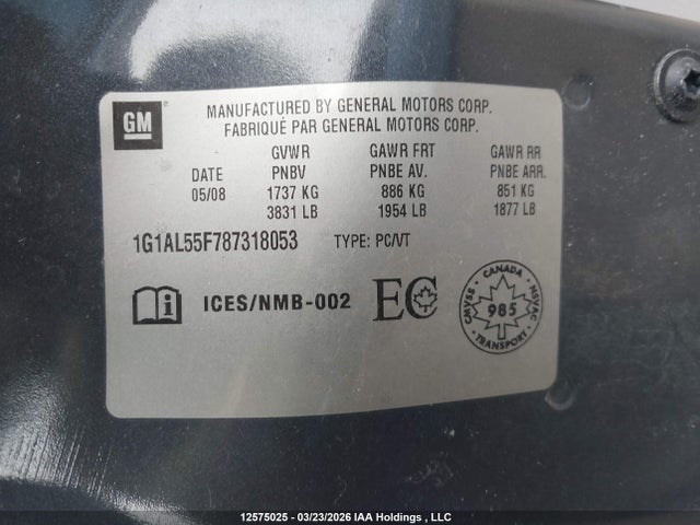 Aukcja sprzedaży 2008 Chevrolet Cobalt Lt, vin: 1G1AL55F787318053, numer aukcji: 12575025