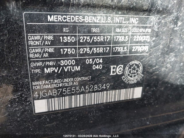 Продаж на аукціоні авто 2005 Mercedes-benz Ml 500 4matic/se 4matic, vin: 4JGAB75E55A528349, номер лоту: 12575131