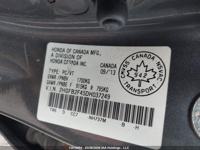 2013 Honda Civic Lx მანქანა იყიდება აუქციონზე, vin: 2HGFB2F45DH037249, აუქციონის ნომერი: 12576954