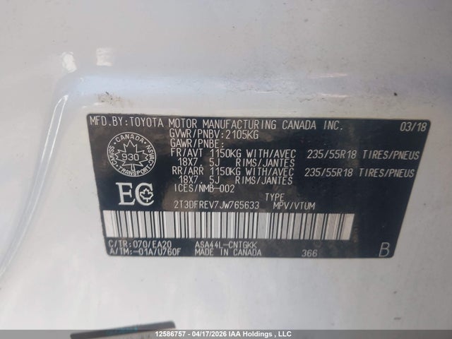 2018 Toyota Rav4 Limited/se/platinum მანქანა იყიდება აუქციონზე, vin: 2T3DFREV7JW765633, აუქციონის ნომერი: 12586757