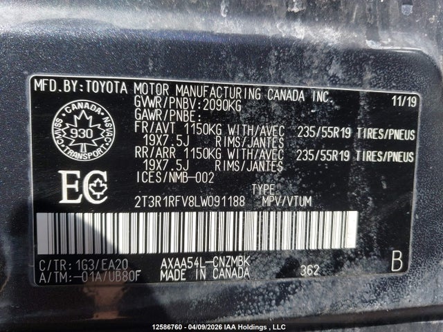 2020 Toyota Rav4 Xle მანქანა იყიდება აუქციონზე, vin: 2T3R1RFV8LW091188, აუქციონის ნომერი: 12586760