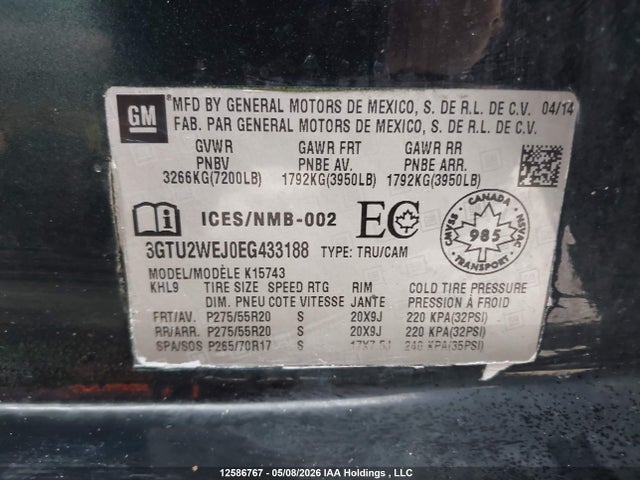 12586767 :رقم المزاد ، 3GTU2WEJ0EG433188 vin ، 2014 Gmc Sierra K1500 Denali مزاد بيع