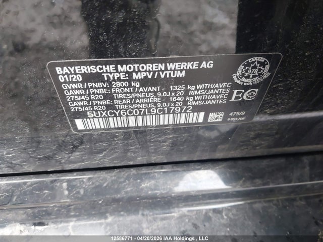 12586771 :رقم المزاد ، 5UXCY6C07L9C17972 vin ، 2020 Bmw X6 Xdrive40i مزاد بيع