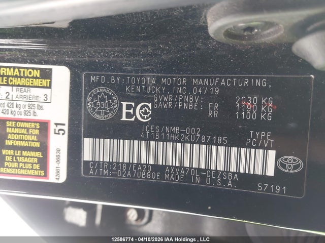 4T1B11HK2KU787185 Toyota Camry L/le/xle/se/xse