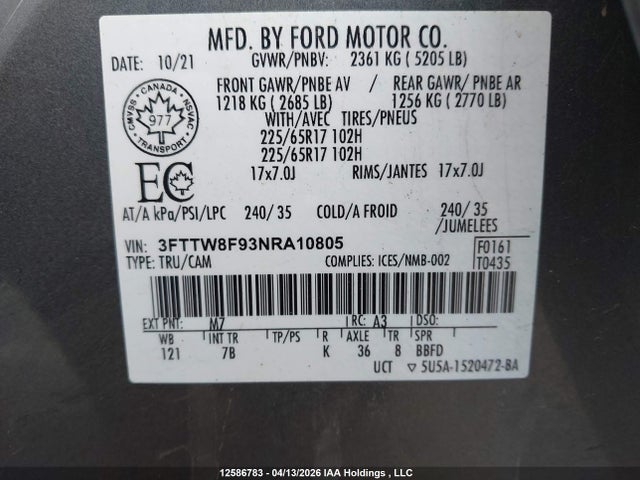 Aukcja sprzedaży 2022 Ford Maverick Xl/xlt/lariat, vin: 3FTTW8F93NRA10805, numer aukcji: 12586783