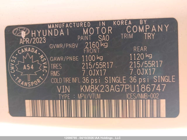12586785 :رقم المزاد ، KM8K23AG7PU186747 vin ، 2023 Hyundai Kona Se مزاد بيع