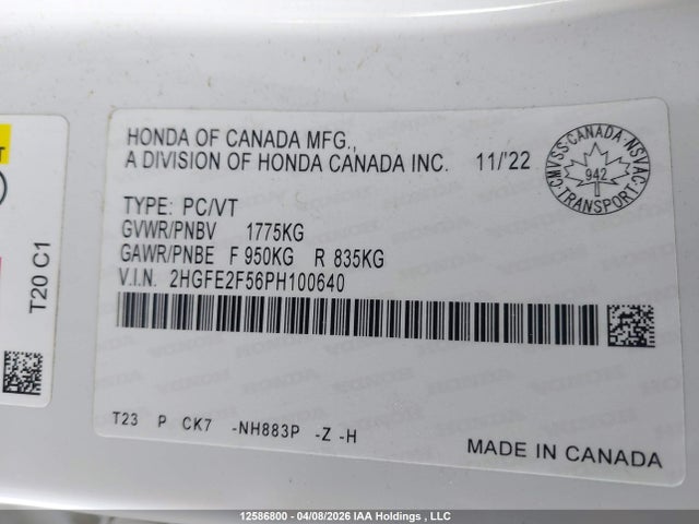 Продаж на аукціоні авто 2023 Honda Civic Sport, vin: 2HGFE2F56PH100640, номер лоту: 12586800